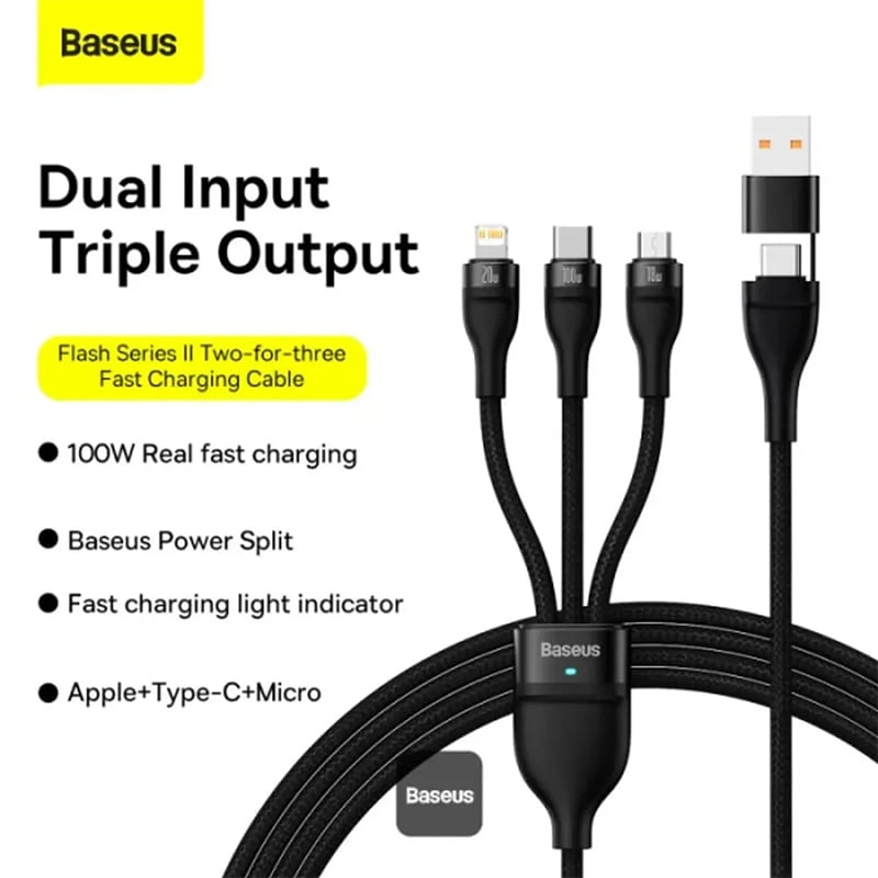 Picture of Baseus Flash Series II 100W Fast Charging Multi Cable 3 in 2 Cable | Type-C + USB-A To Type C + Lightning + Micro USB 1.2M
