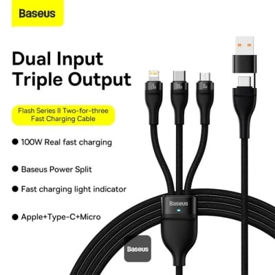Picture of Baseus Flash Series II 100W Fast Charging Multi Cable 3 in 2 Cable | Type-C + USB-A To Type C + Lightning + Micro USB 1.2M