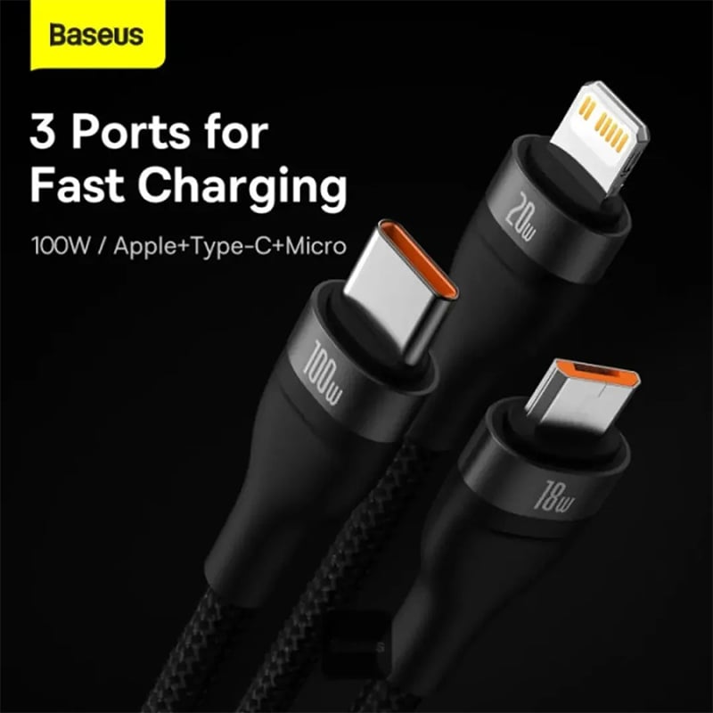 Picture of Baseus Flash Series II 100W Fast Charging Multi Cable 3 in 2 Cable | Type-C + USB-A To Type C + Lightning + Micro USB 1.2M