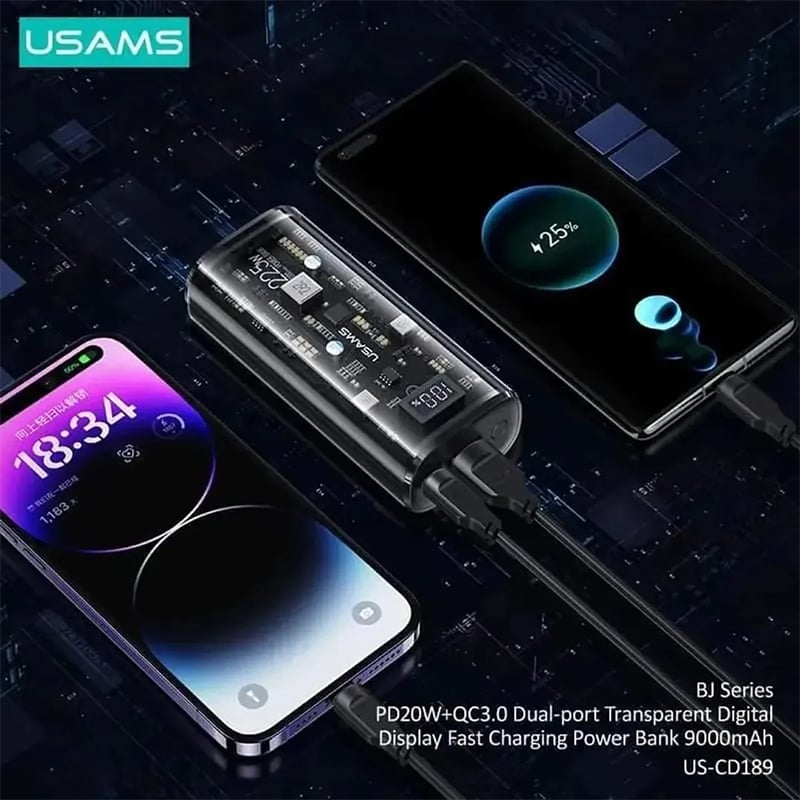 Picture of USAMS 9000mAh Transparent Digital Display Power Bank PD20W+QC3.0 Dual-port