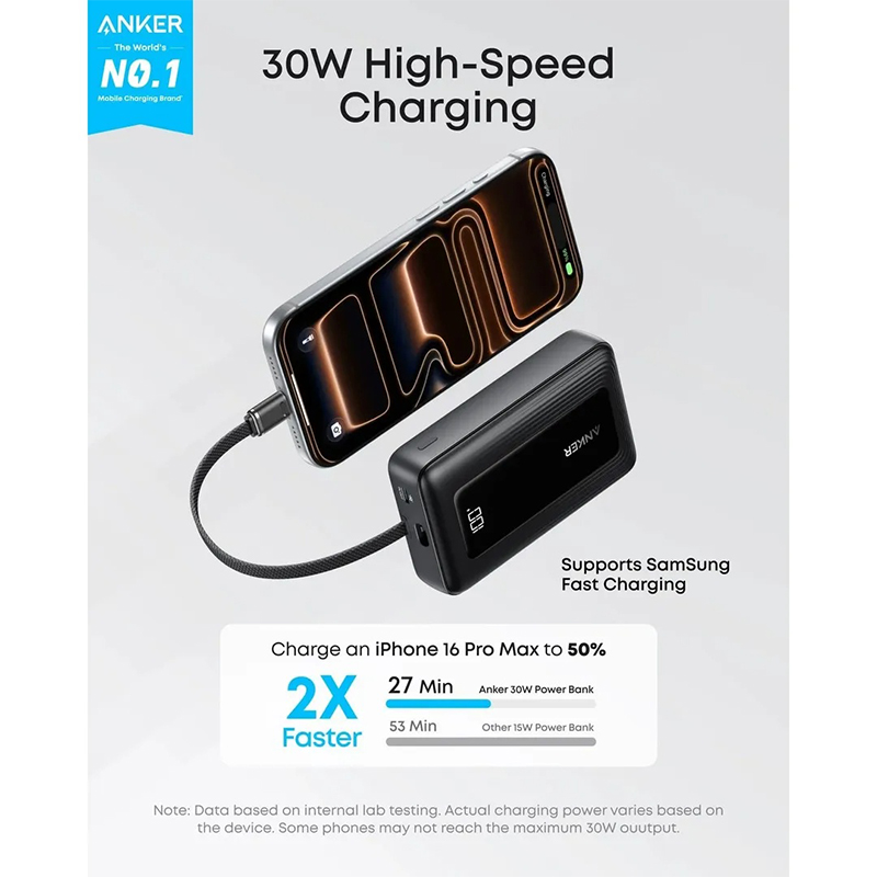 Picture of Anker Zolo Power Bank (10K, 30W) with a 5.4-inch (13.7 cm) built-in USB-C cable.