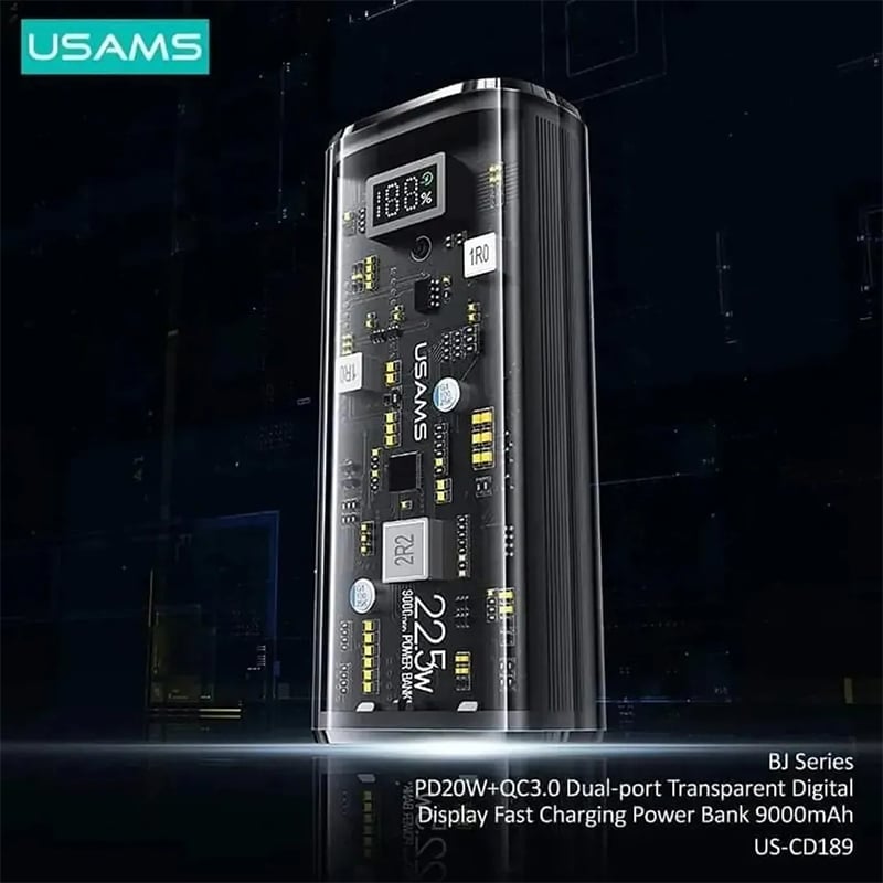 Picture of USAMS 9000mAh Transparent Digital Display Power Bank PD20W+QC3.0 Dual-port
