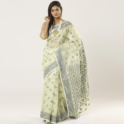Picture of Yellow Green Color Full Cotton Jamdani Saree For Women