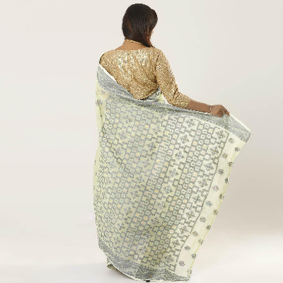 Picture of Yellow Green Color Full Cotton Jamdani Saree For Women