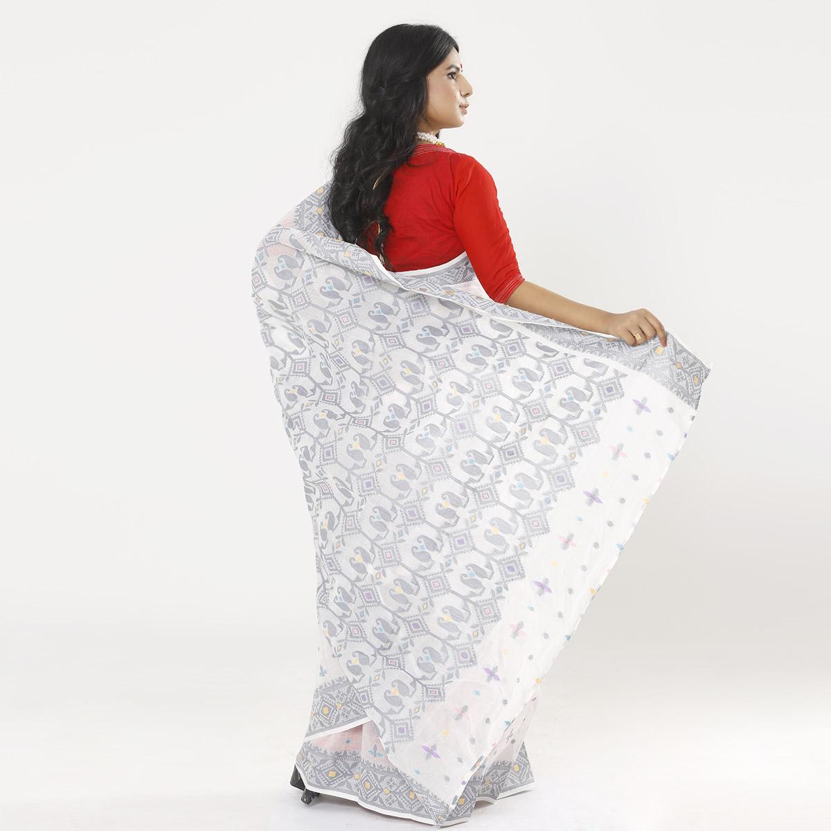 Picture of White Color Full Cotton Jamdani Saree For Women