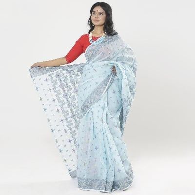 Picture of Sky Blue Color Full Cotton Jamdani Saree For Women