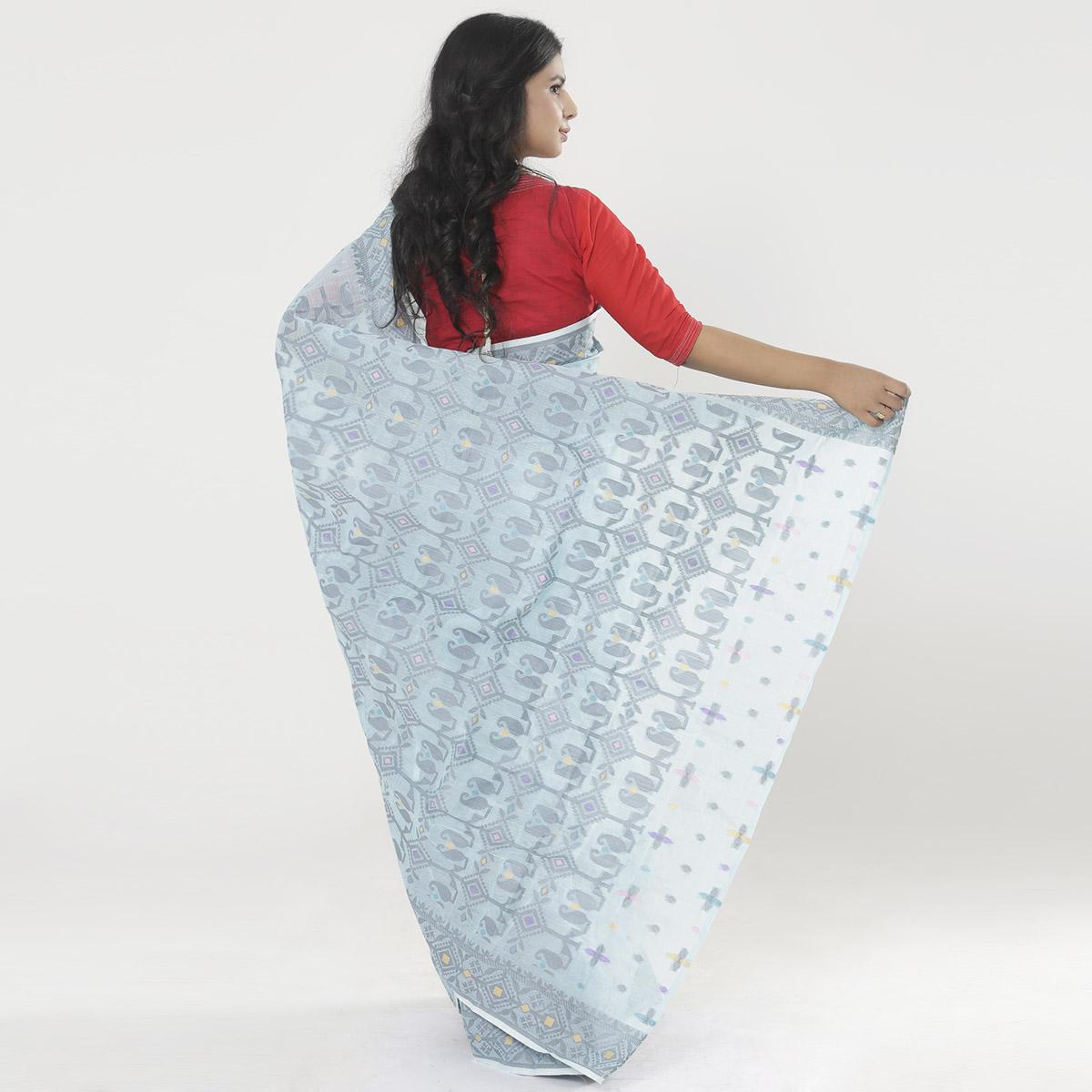 Picture of Sky Blue Color Full Cotton Jamdani Saree For Women