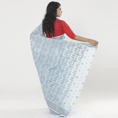 Picture of Sky Blue Color Full Cotton Jamdani Saree For Women