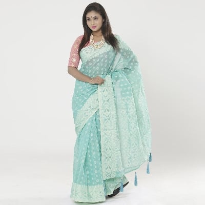 Picture of Pearls & Tassel Work Jordy Blue Color Cotton Jamdani Saree For Women