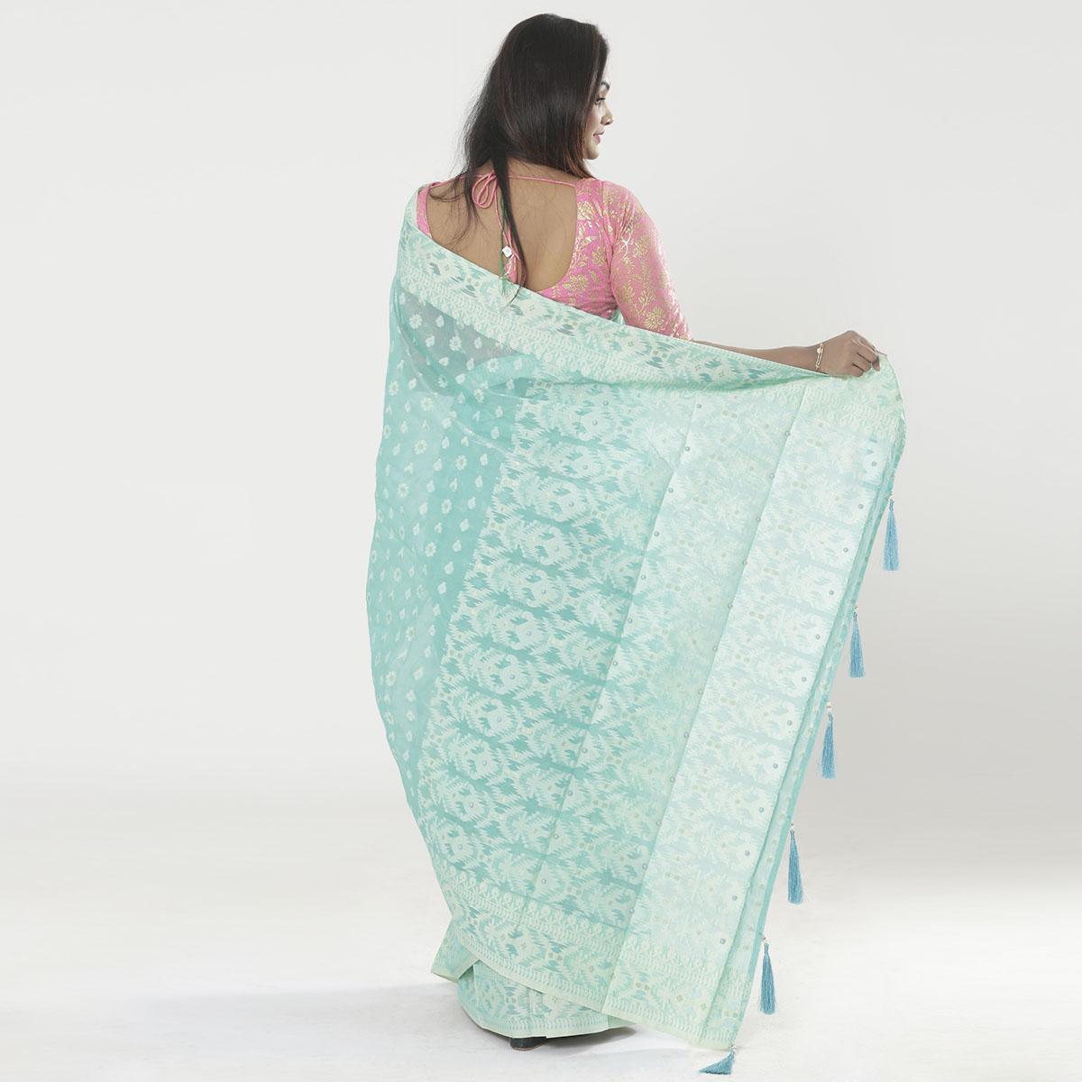 Picture of Pearls & Tassel Work Jordy Blue Color Cotton Jamdani Saree For Women