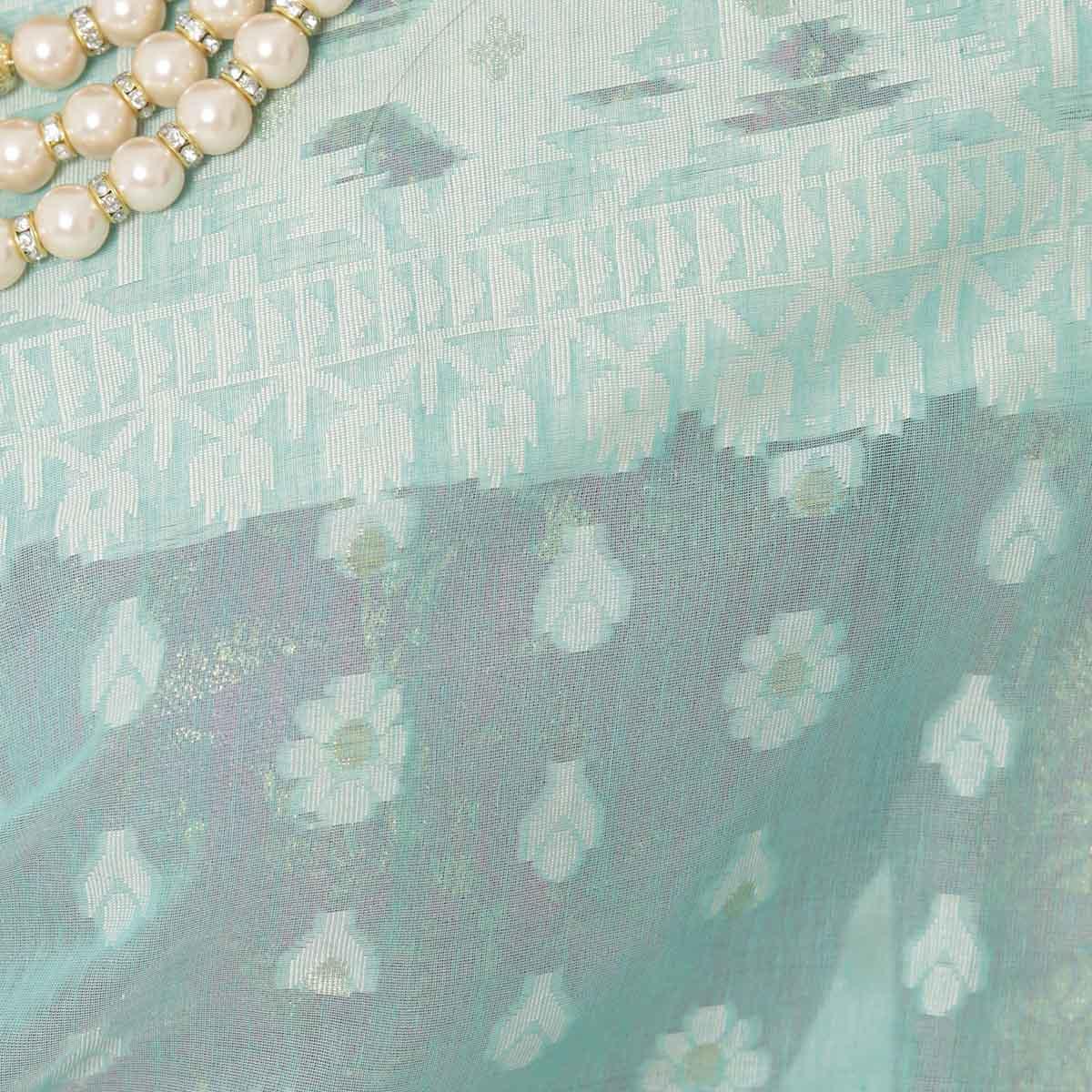 Picture of Pearls & Tassel Work Jordy Blue Color Cotton Jamdani Saree For Women