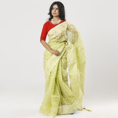 Picture of Pearls & Tassel Work Wild Willow Color Cotton Jamdani Saree For Women