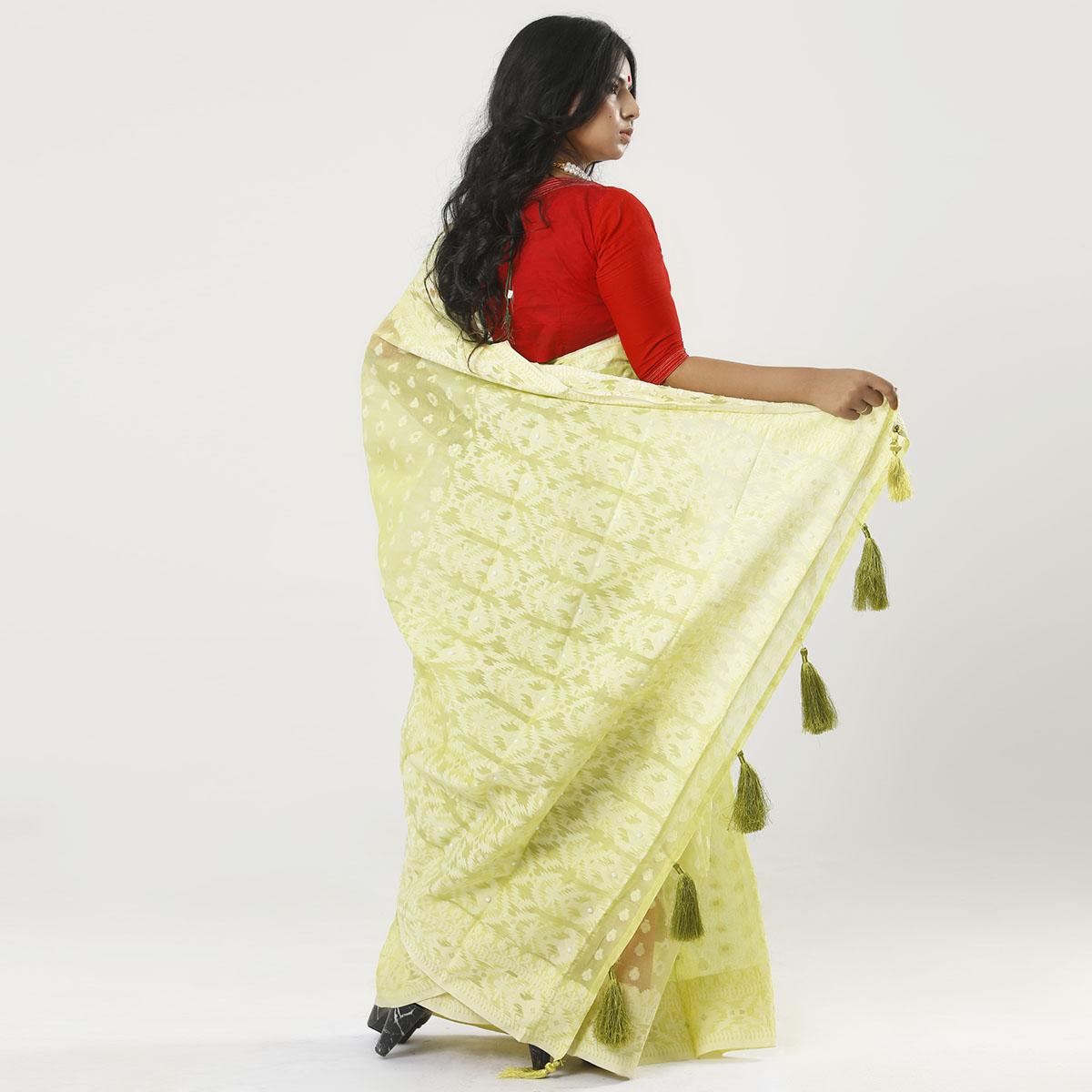 Picture of Pearls & Tassel Work Wild Willow Color Cotton Jamdani Saree For Women