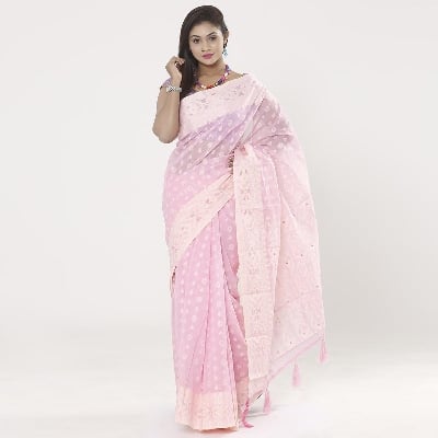 Picture of Pearls & Tassel Work Lavender Rose Color Cotton Jamdani Saree For Women