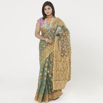 Picture of Aanchal Pearls Setting Shamock Color Tissue Jamdani Saree For Women
