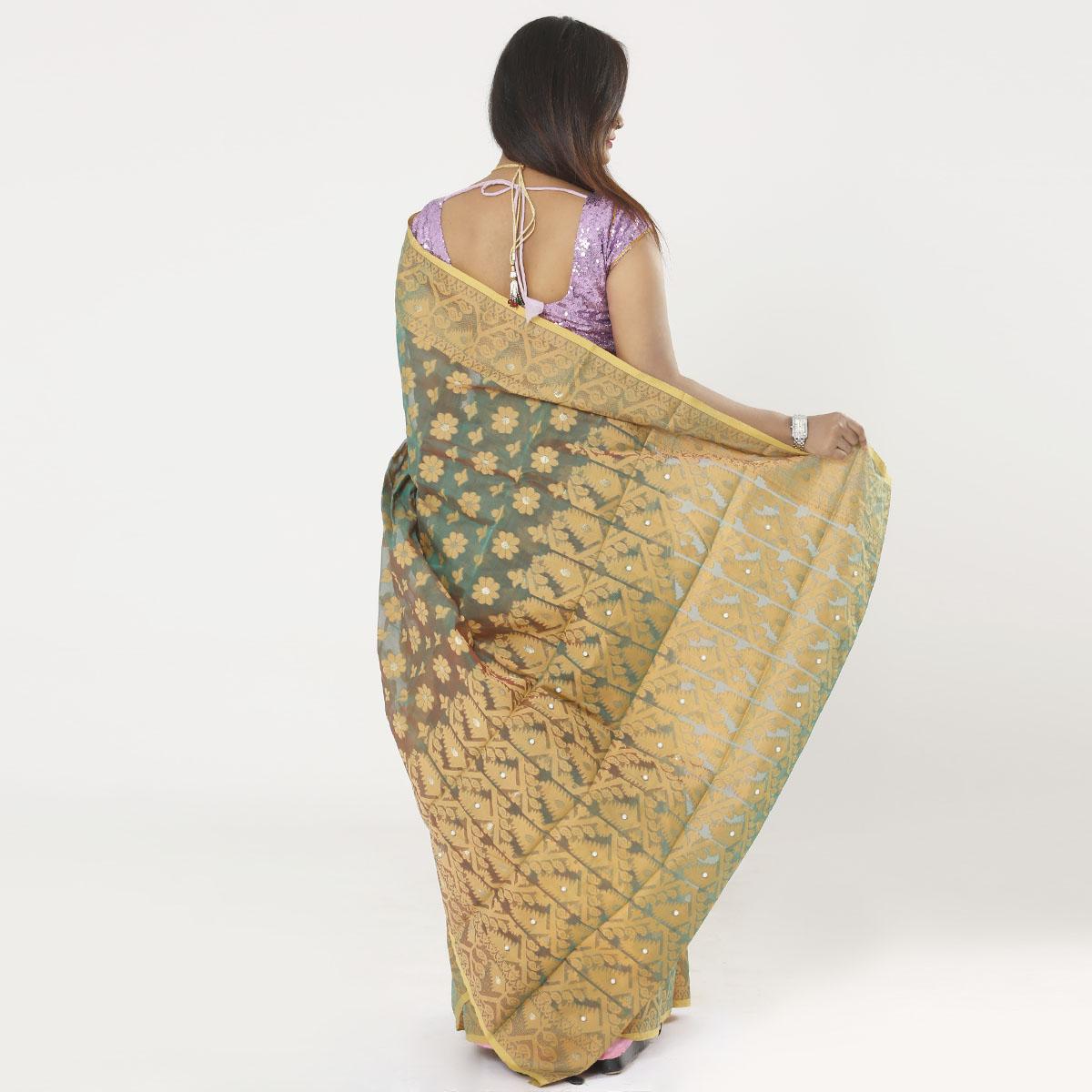 Picture of Aanchal Pearls Setting Shamock Color Tissue Jamdani Saree For Women