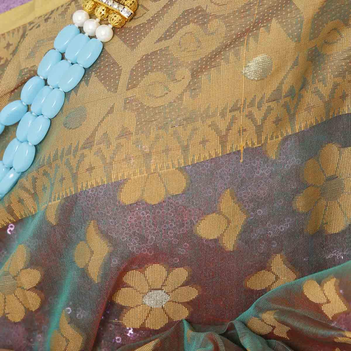 Picture of Aanchal Pearls Setting Shamock Color Tissue Jamdani Saree For Women