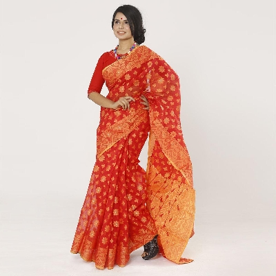 Picture of Red Color Tissue Jamdani Saree For Women