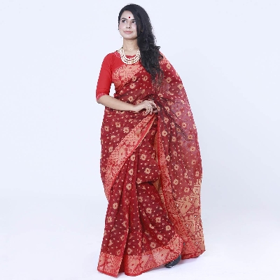 Picture of Red Colour Full Cotton Shahdadpur Jamdani Saree For Women