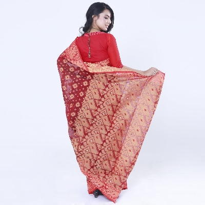 Picture of Red Colour Full Cotton Shahdadpur Jamdani Saree For Women