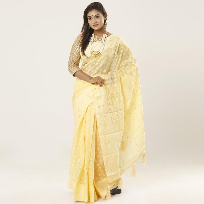 Picture of Yellow Green Color Cotton Jamdani Saree For Women