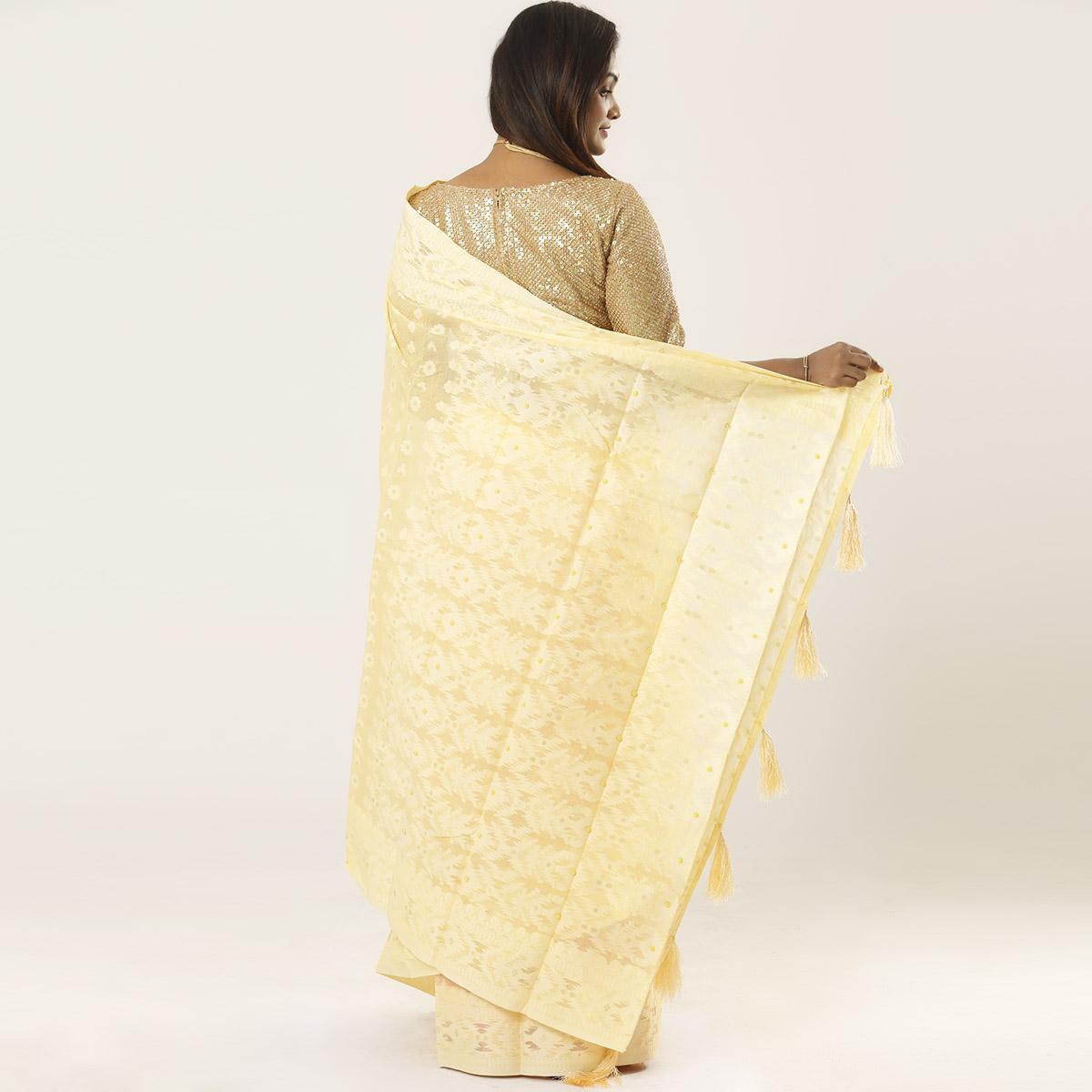 Picture of Yellow Green Color Cotton Jamdani Saree For Women