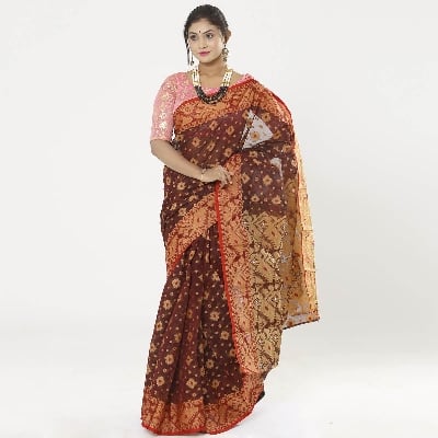 Picture of Chocolate Color Full Cotton Shahdadpur Jamdani Saree For Women