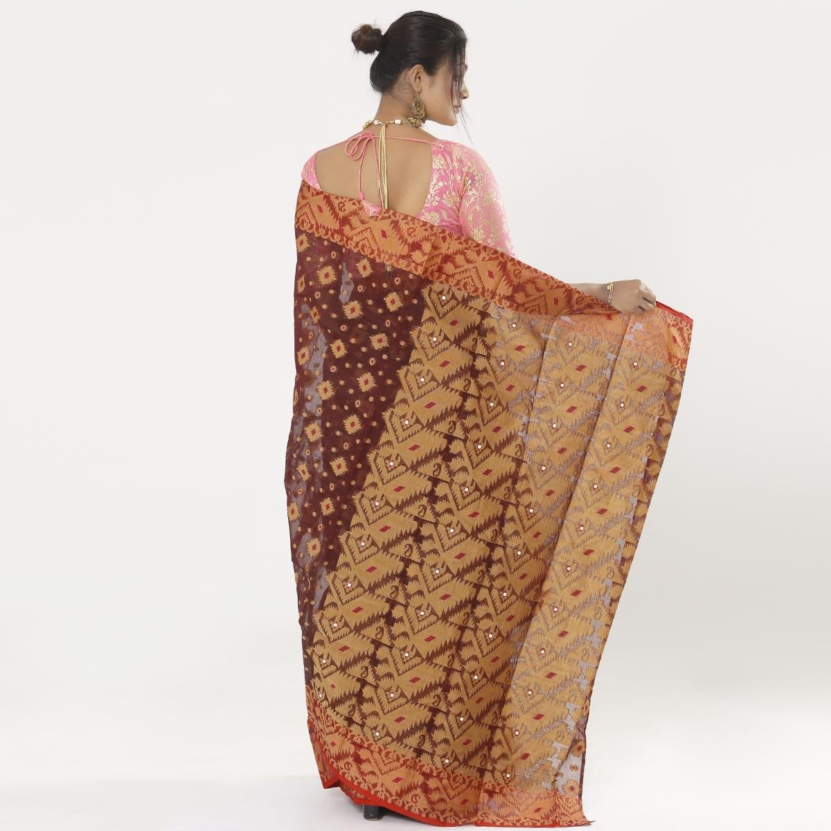 Picture of Chocolate Color Full Cotton Shahdadpur Jamdani Saree For Women