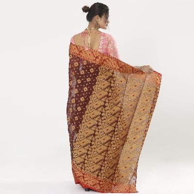 Picture of Chocolate Color Full Cotton Shahdadpur Jamdani Saree For Women