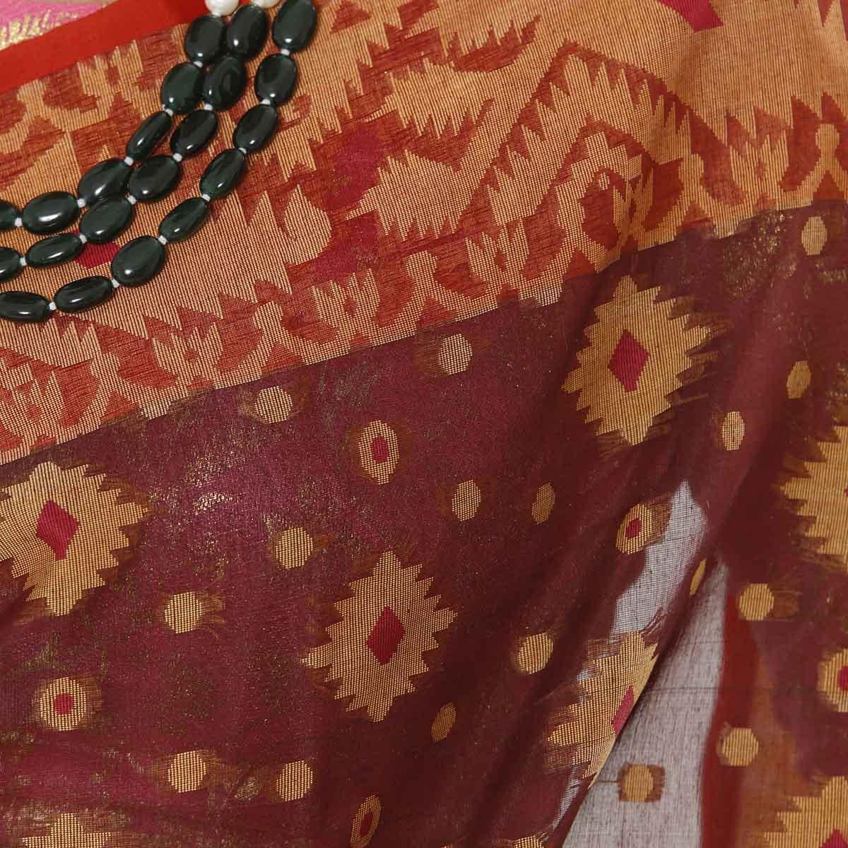 Picture of Chocolate Color Full Cotton Shahdadpur Jamdani Saree For Women