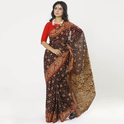 Picture of Deep Chocolate Color Full Cotton Shahdadpur Jamdani Saree For Women