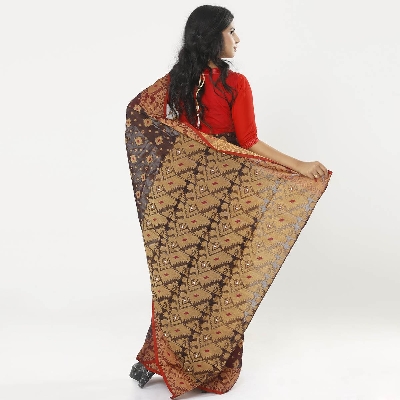 Picture of Deep Chocolate Color Full Cotton Shahdadpur Jamdani Saree For Women