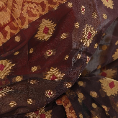 Picture of Deep Chocolate Color Full Cotton Shahdadpur Jamdani Saree For Women