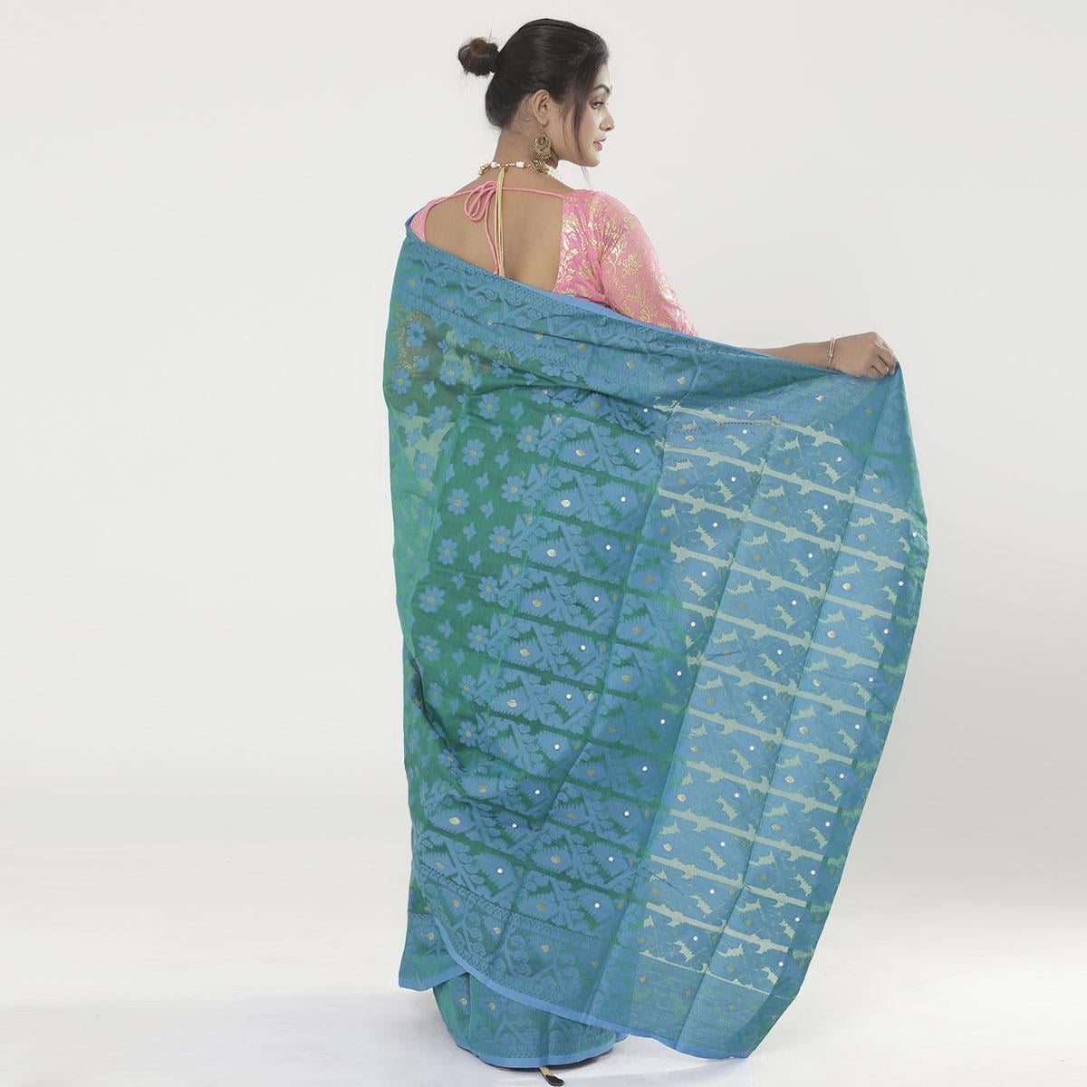 Picture of Aanchal Pearls Work Deep Sea Color Tissue Jamdani Saree For Women