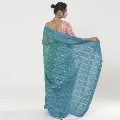 Picture of Aanchal Pearls Work Deep Sea Color Tissue Jamdani Saree For Women