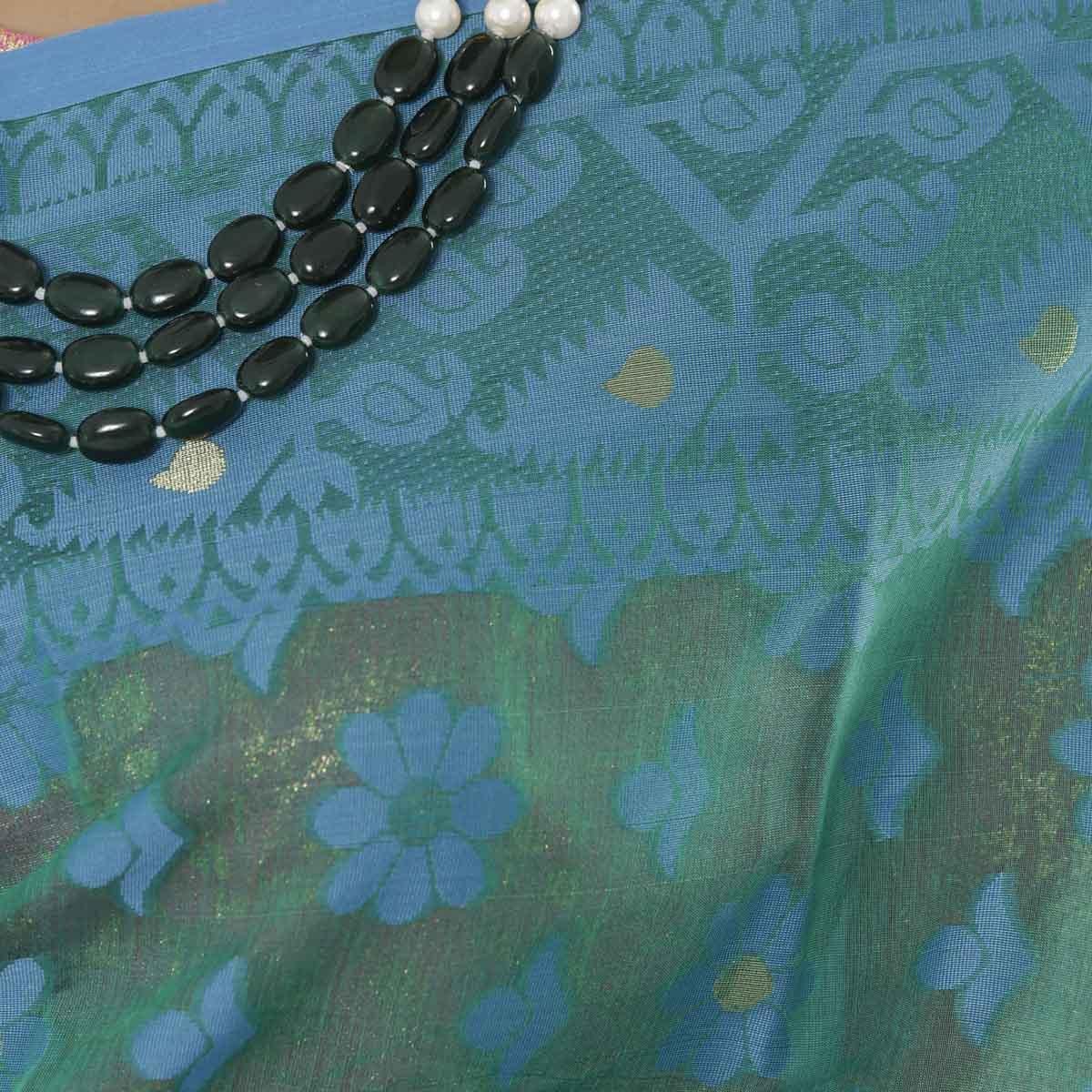 Picture of Aanchal Pearls Work Deep Sea Color Tissue Jamdani Saree For Women
