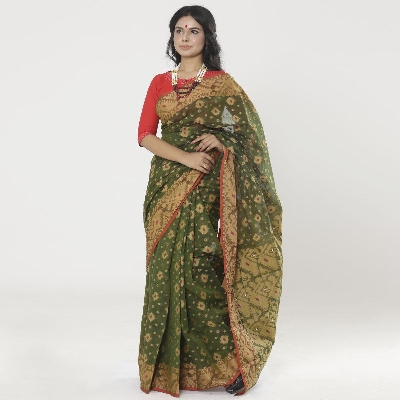 Picture of Green Colour Full Cotton Shahdadpur Jamdani Saree For Women