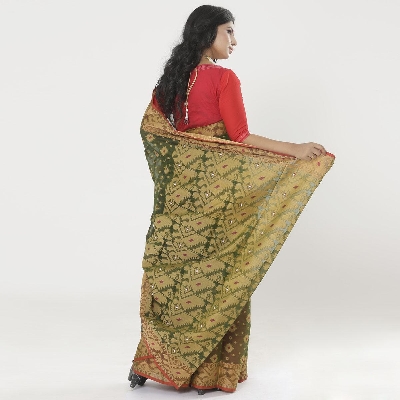 Picture of Green Colour Full Cotton Shahdadpur Jamdani Saree For Women