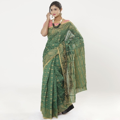 Picture of Hippie Green Color Half Silk Tangail Jamdani Saree For Women