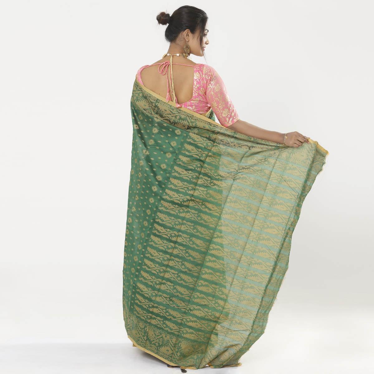 Picture of Hippie Green Color Half Silk Tangail Jamdani Saree For Women