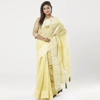 Picture of Yellow Green Color Cotton Jamdani Saree For Women