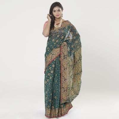 Picture of Drak Green Full Cotton Shahdadpur Jamdani Saree For Women