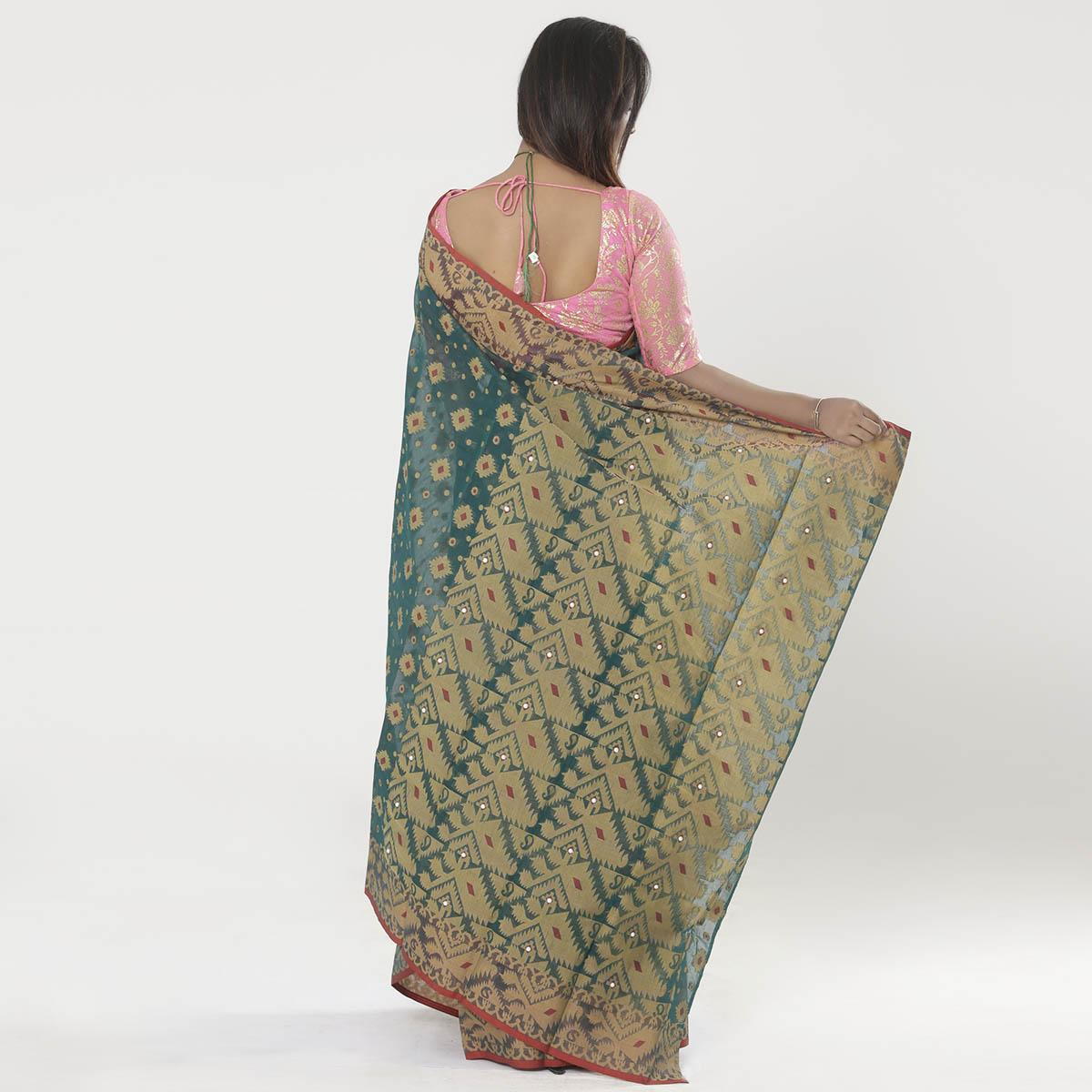 Picture of Drak Green Full Cotton Shahdadpur Jamdani Saree For Women