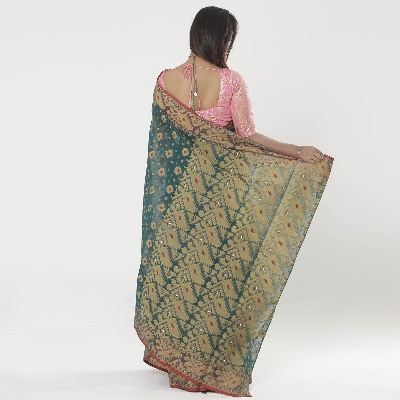 Picture of Drak Green Full Cotton Shahdadpur Jamdani Saree For Women