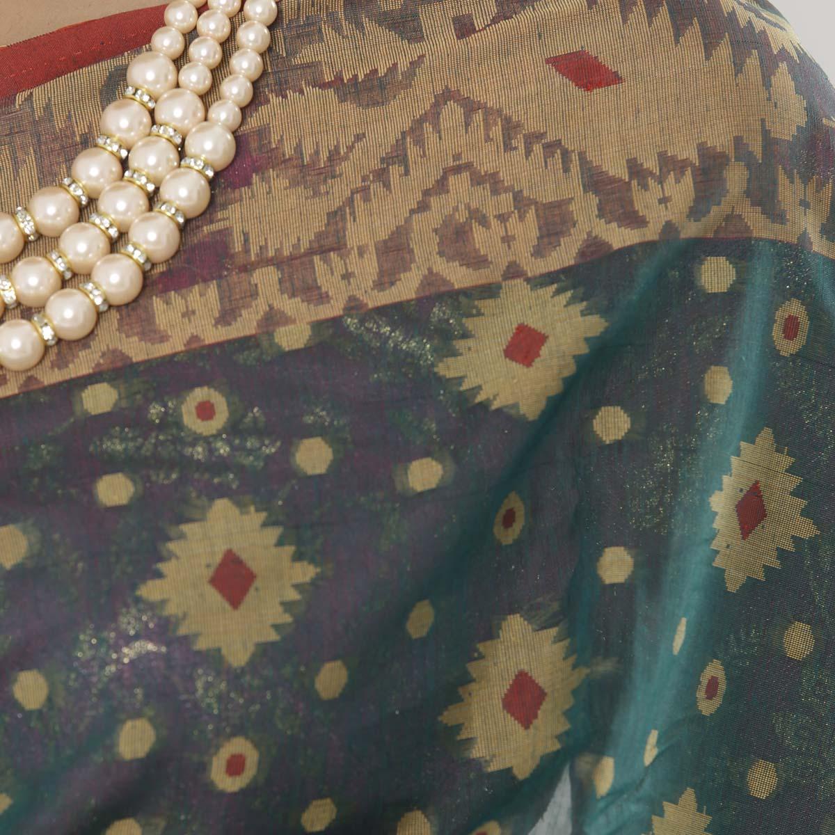 Picture of Drak Green Full Cotton Shahdadpur Jamdani Saree For Women