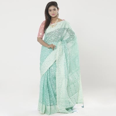 Picture of Pearls & Tassel Work Downy Color Cotton Jamdani Saree For Women