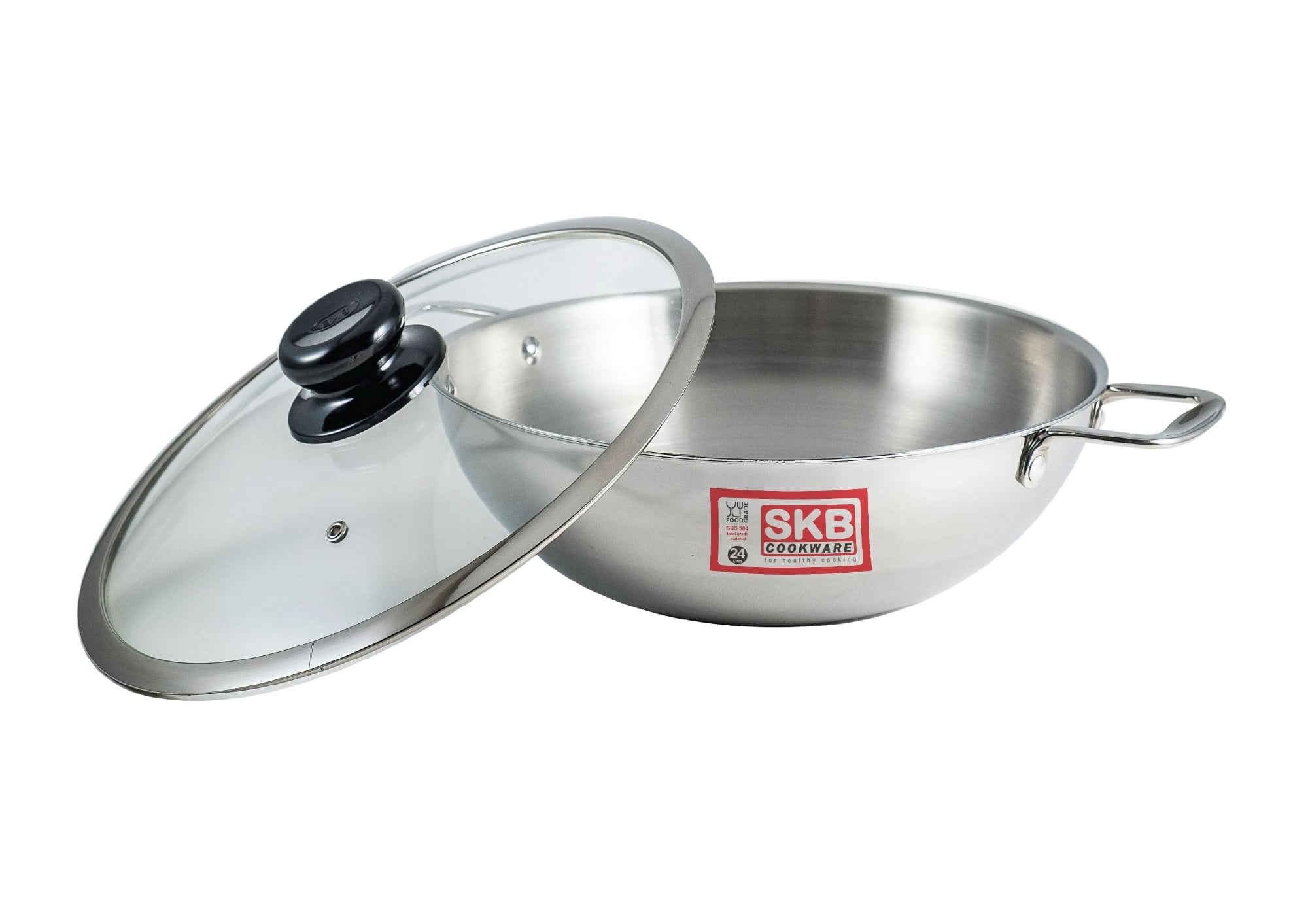 Picture of SKB 28cm Tri-Ply Stainless Steel Wok with Glass Lid - Induction Bottom Mirror polish