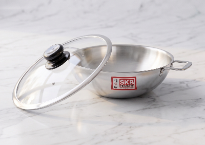 Picture of SKB 28cm Tri-Ply Stainless Steel Wok with Glass Lid - Induction Bottom Mirror polish