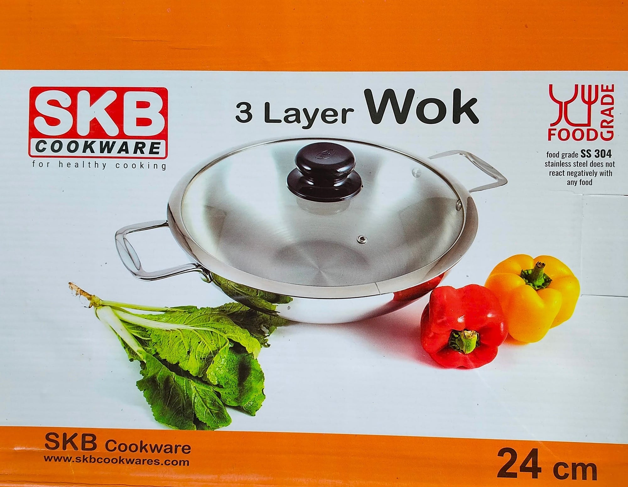 Picture of SKB 28cm Tri-Ply Stainless Steel Wok with Glass Lid - Induction Bottom Mirror polish