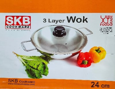Picture of SKB 28cm Tri-Ply Stainless Steel Wok with Glass Lid - Induction Bottom Mirror polish